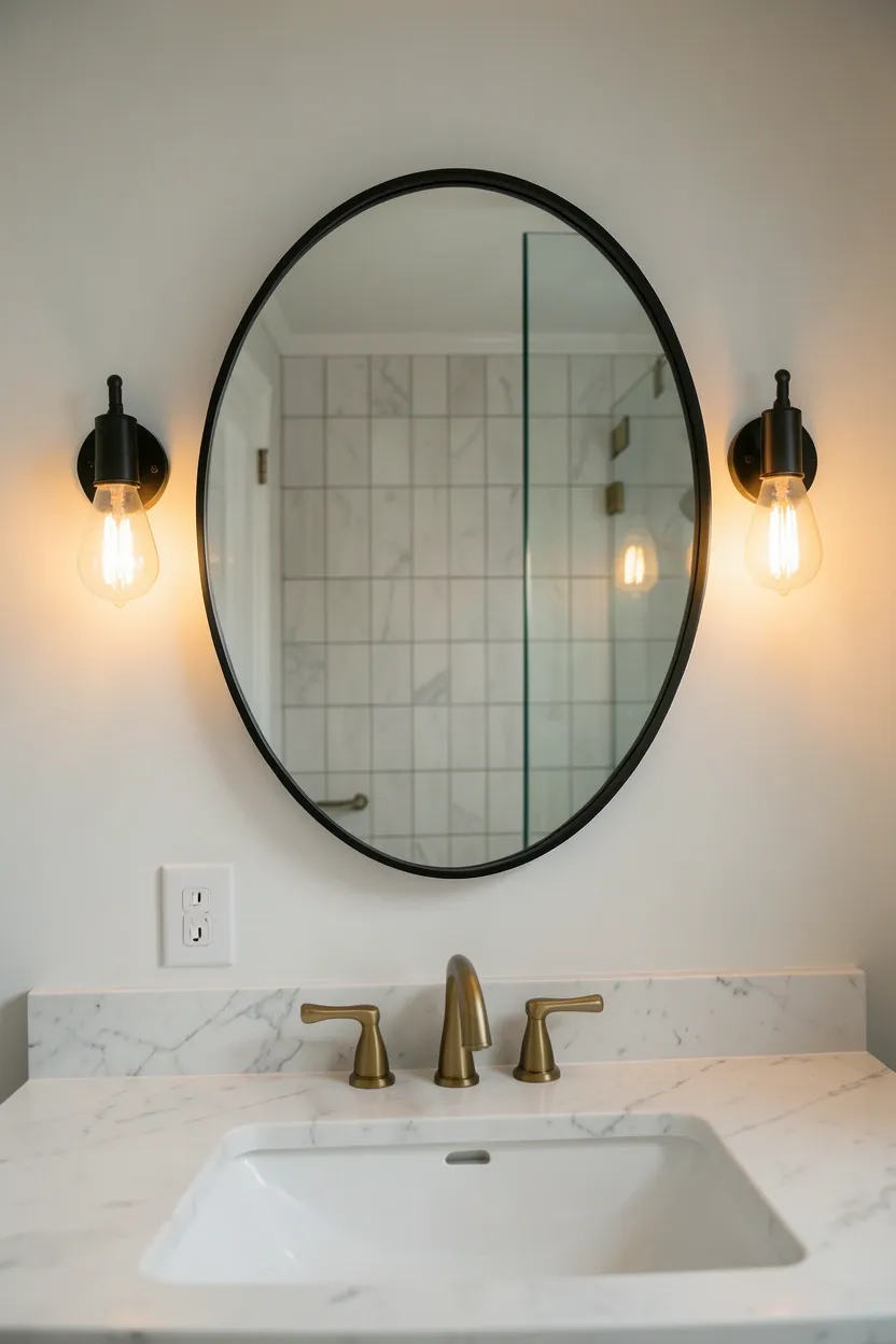 Large round mirror with thin black metal frame above a white vanity in a small rental bathroom