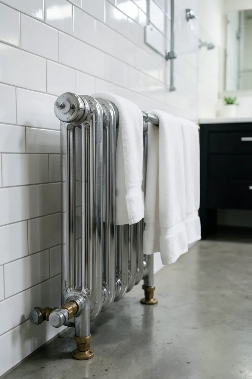 Hyper-realistic eye-level photograph of industrial bathroom featuring polished chrome radiator as towel warmer. Chrome-plated cast iron radiator with visible valves and connections, white towels neatly draped over radiator bars, white subway tile wall, concrete floor, matte black vanity visible in background. Materials: polished chrome finish, cast iron construction, white cotton towels, white ceramic tiles, polished concrete floor. Natural ambient light, authentic industrial atmosphere. Shallow depth of field, sharp details on chrome finish and radiator construction, balanced composition showing radiator and wall. No text, no logos, no watermarks.</p>