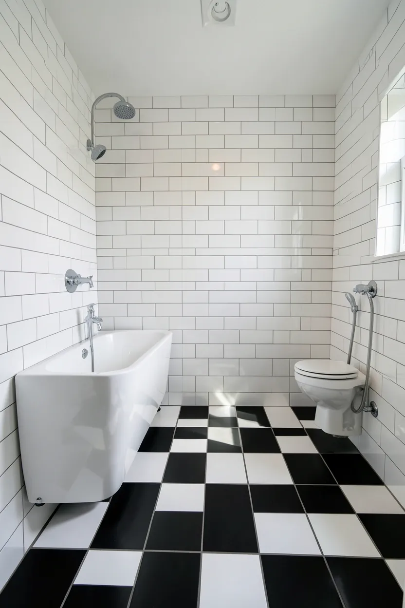 Hyper-realistic eye-level photograph of a modern black bathroom floor showing classic black and white checkerboard pattern with square ceramic tiles, white subway tile walls with white grout, white freestanding tub, chrome fixtures. Natural light. Materials: black and white ceramic tiles, white subway tiles, porcelain tub, chrome fixtures. Classic checkerboard pattern. Clean modern aesthetic. No text, no logos, no watermarks.</p>