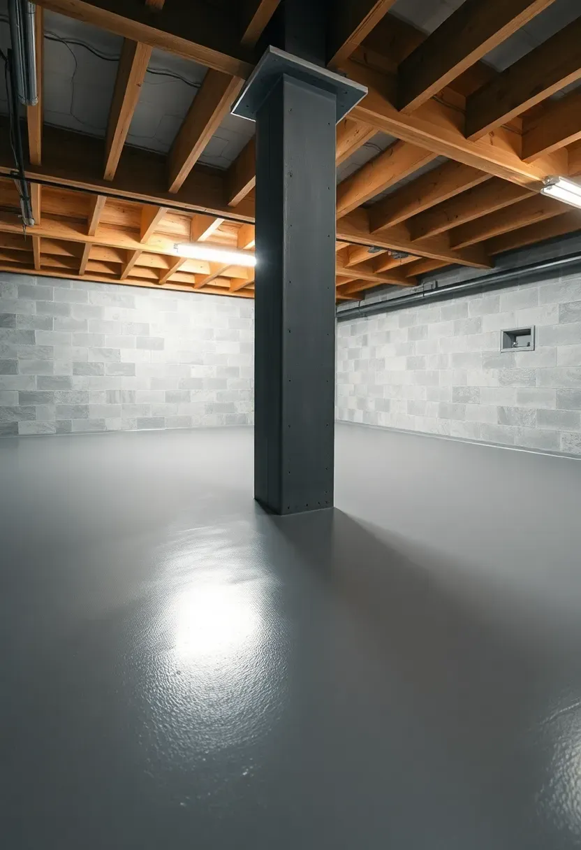 Industrial polyurea-coated basement floor in medium gray with a slight sheen showing a durable seamless commercial-grade surface
