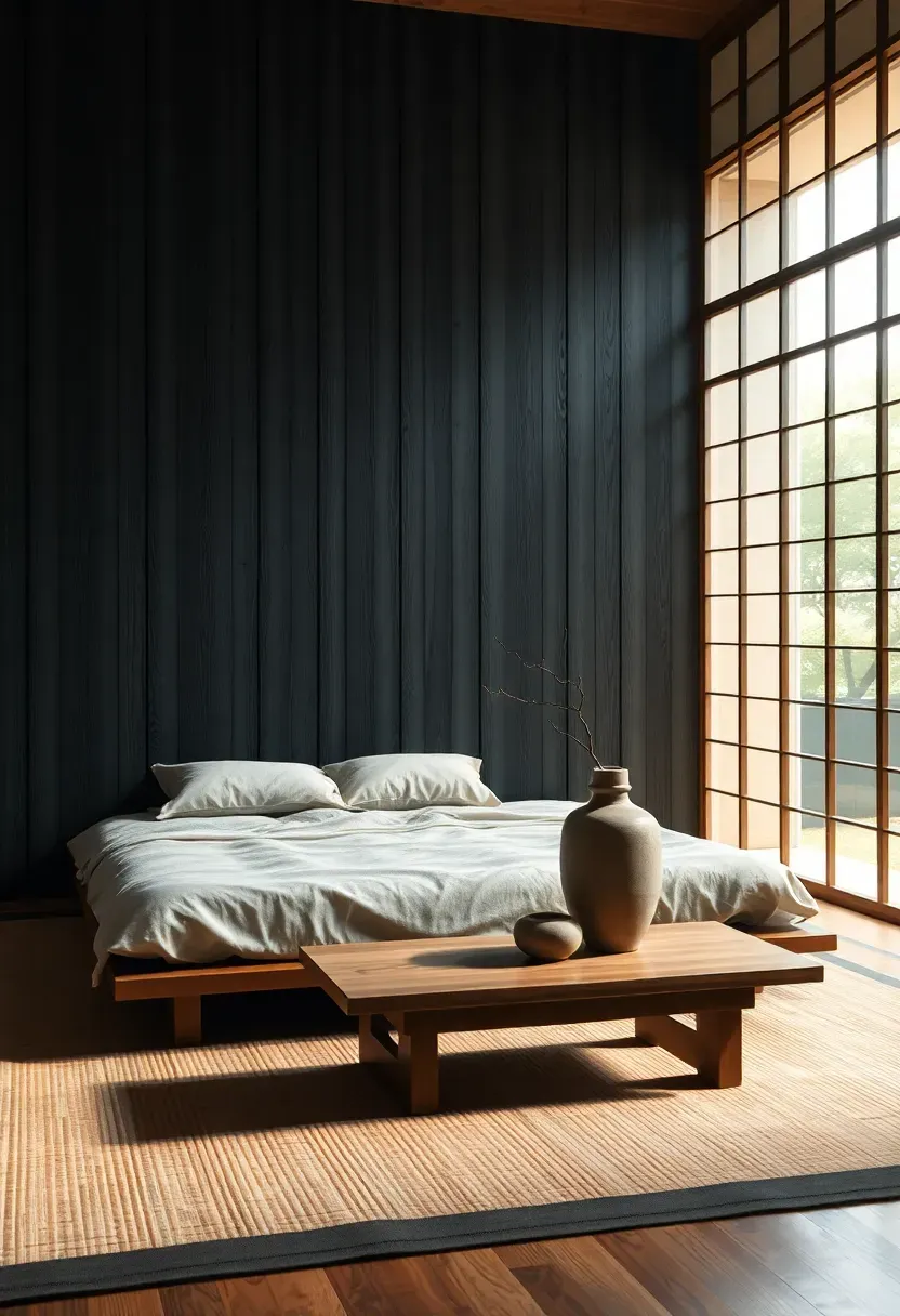 zen bedroom with charred black shou sugi ban wood accent wall behind a low Japanese-style futon bed with minimal decor and natural light