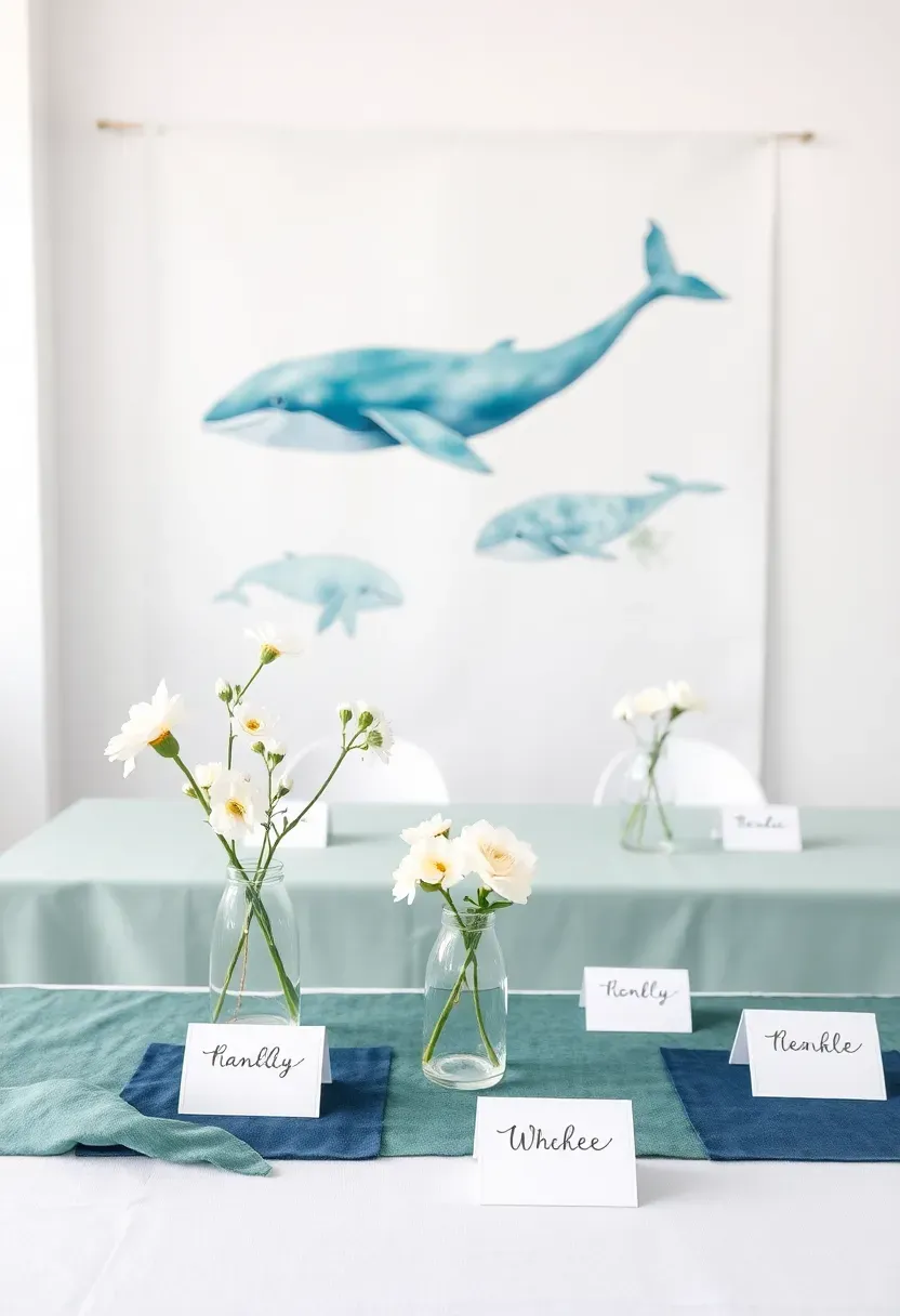 ocean whale watercolor decor baby shower with large art paper whale illustration backdrop and seafoam linen table