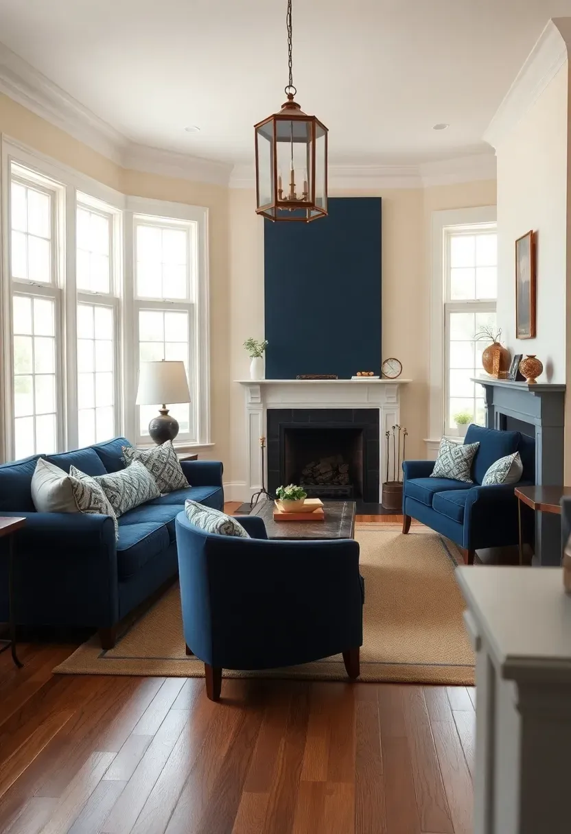 Hyper-realistic wide shot of a tiny colonial living room with cream walls and navy accents. Materials: cream-painted walls with white crown molding, navy blue sofa and armchair, brass lantern chandelier, wide-plank oak floors with colonial-style braided rug. Bright natural light from multi-pane windows, highlighting the contrast between cream walls and navy upholstery. Shallow depth of field showing throw pillow textures and brass hardware. Visible room context—colonial fireplace with painted mantel. Elegant colonial mood like Newport mansion.</p>