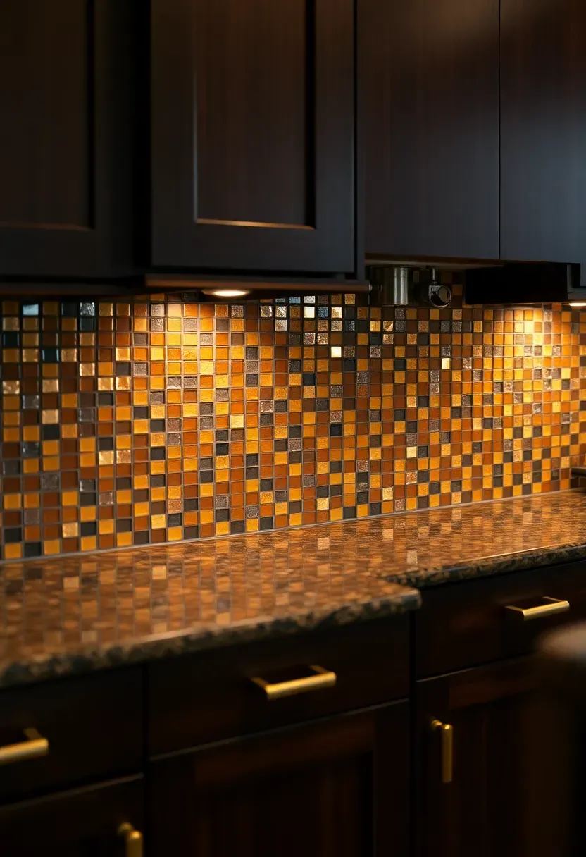 warm bronze glass tile backsplash with subtle metallic sheen in kitchen with fantasy brown granite countertops and espresso cabinets