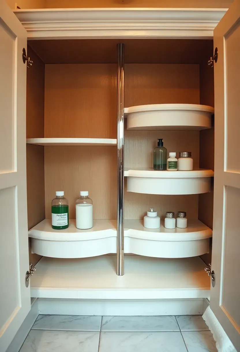 Corner bathroom closet with curved lazy susan shelves holding toiletries and small containers