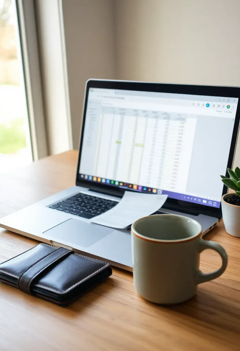 Hyper-realistic detail shot of a simplified home finance setup showing wooden desk with laptop open to simple spreadsheet, single wallet, one bill to be paid, ceramic mug, small potted plant. Visible window with natural light. Clean desk surface with breathing room. Materials: light oak desk, black laptop, leather wallet, ceramic, plant. Peaceful organized aesthetic. No visible clutter or paperwork piles. Real Simple magazine organization style. No text, no logos, no watermarks.</p>