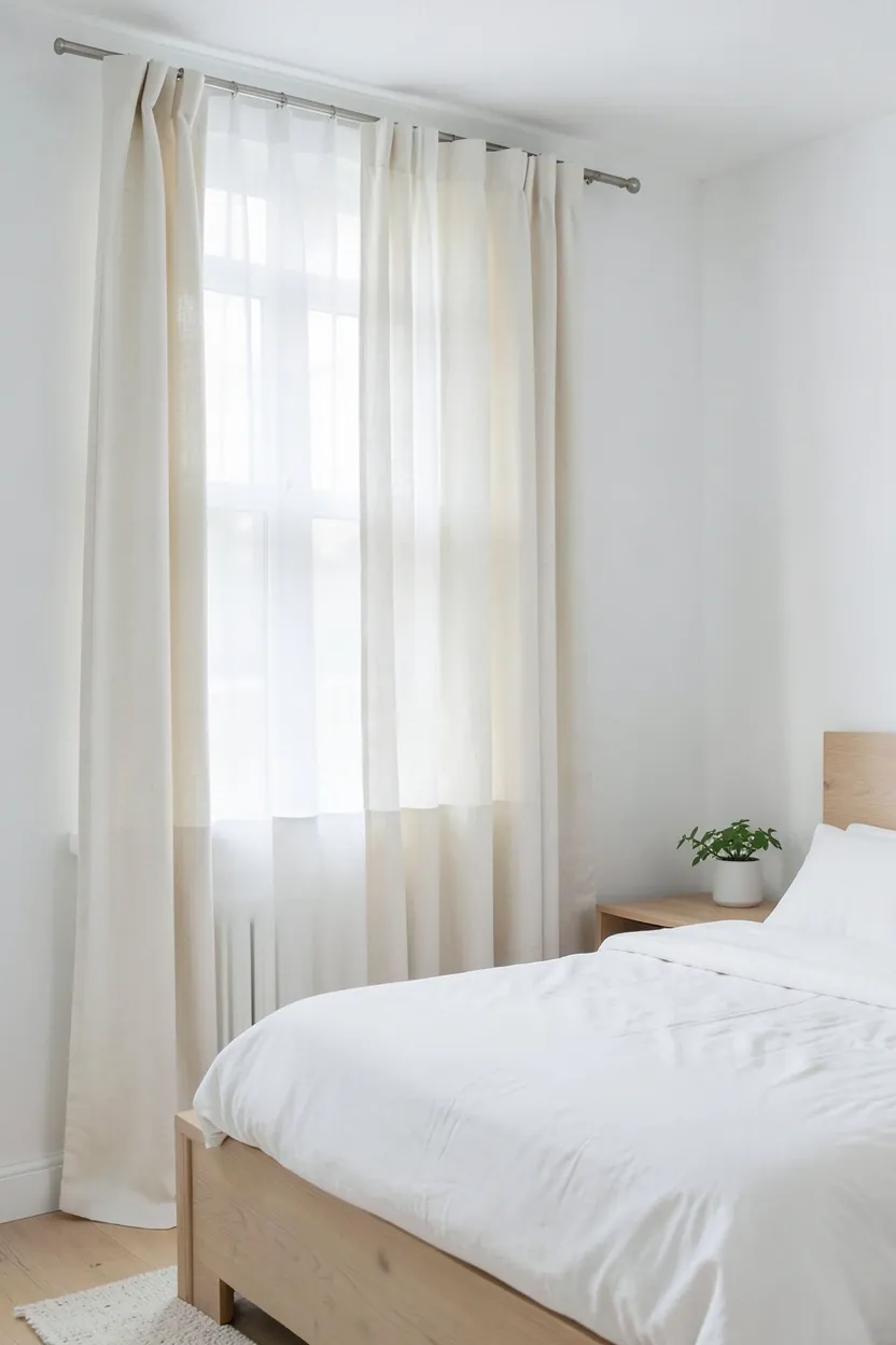 Sheer white linen curtains layered with heavier cream cotton drapes framing a window in a Scandinavian rustic bedroom with soft natural light
