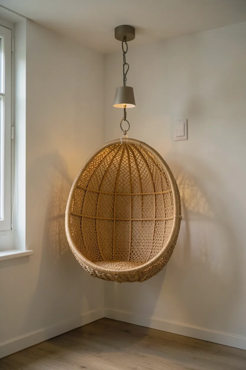 Modern woven hanging chair suspended from a ceiling hook in a light bedroom corner with a slender floor lamp nearby — statement reading nook for small rooms