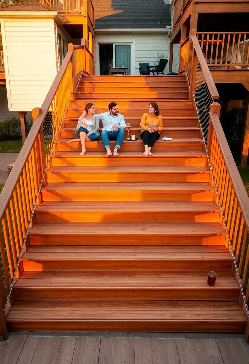 Extra-wide wooden staircase connecting two deck levels with people sitting on the steps used as casual seating during a backyard gathering