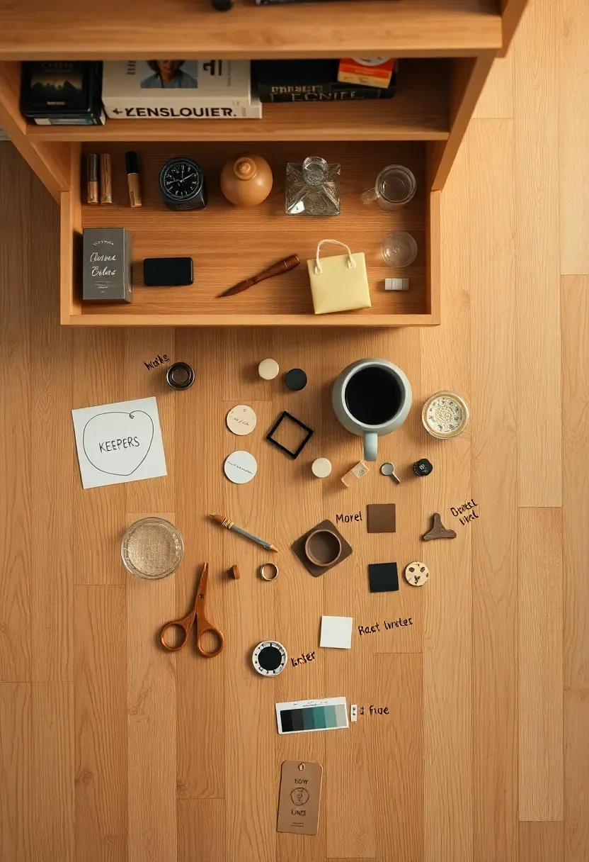 Overhead view of shelf objects grouped on a light floor — some inside a circle drawn with chalk (keeping), others outside (removing), sorted by color match to a palette swatch card