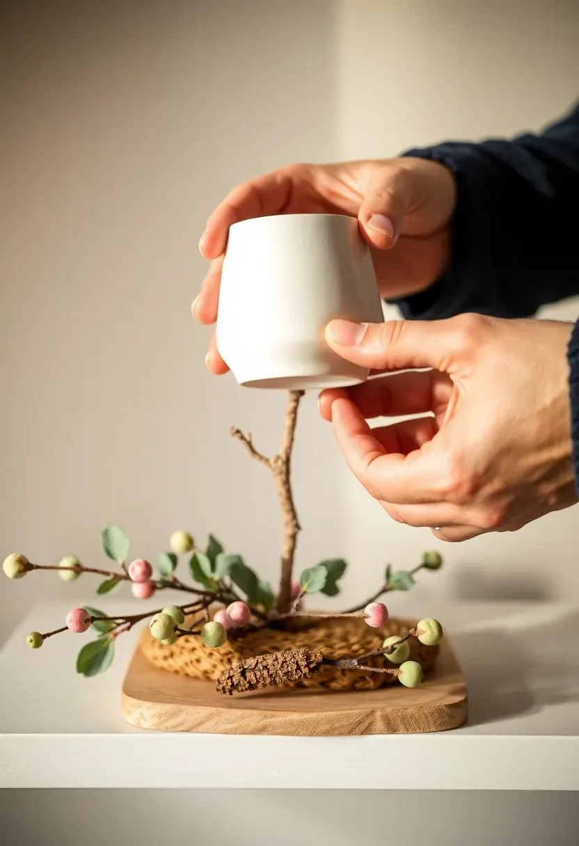 Hands swapping a pumpkin decoration for a small dried eucalyptus stem on a floating shelf — seasonal rotation in progress, current shelf arrangement visible around the change