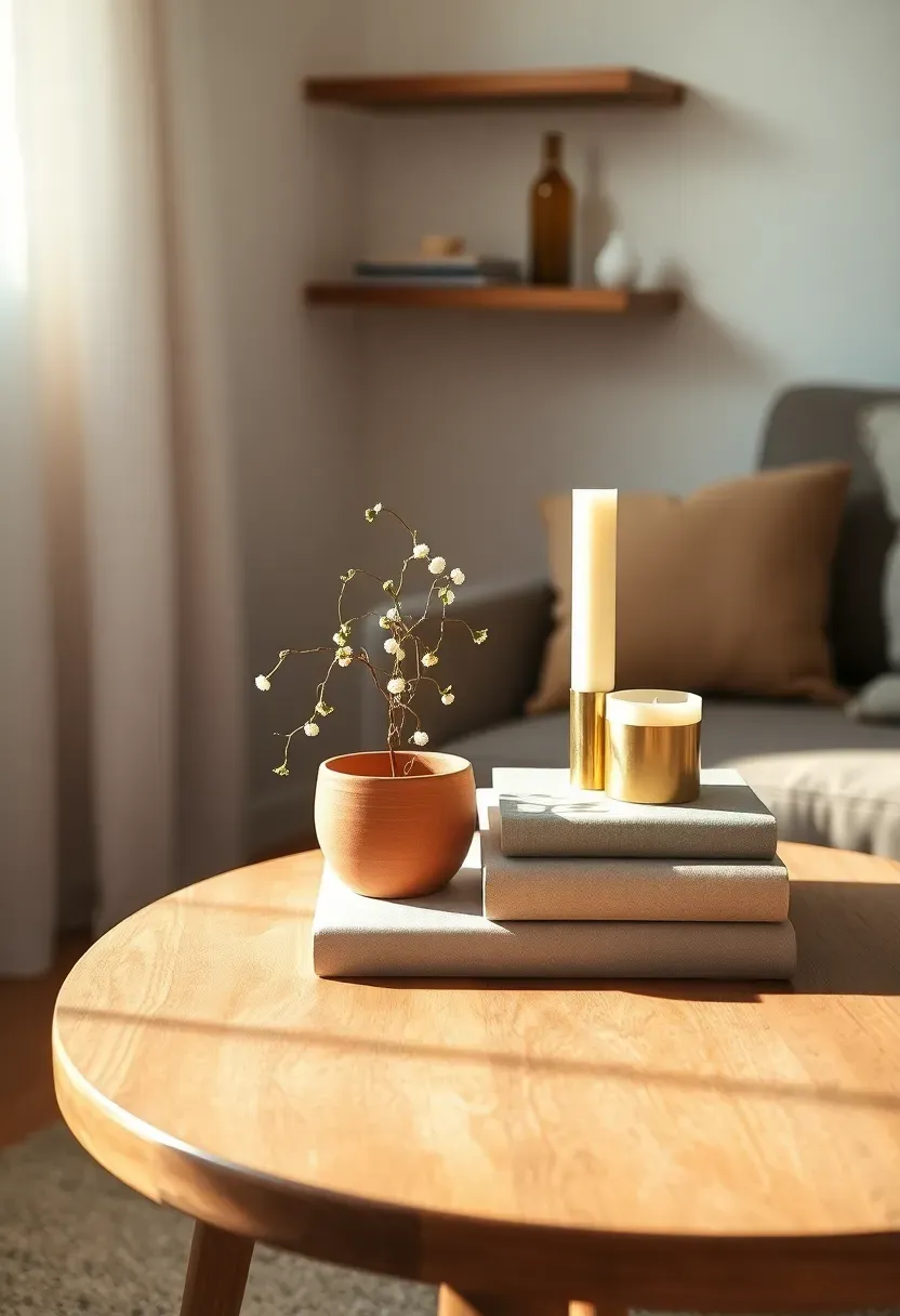 Neatly styled small living room side table with a single potted plant, a ceramic candle, and a small stack of two books, with negative space left intentionally empty