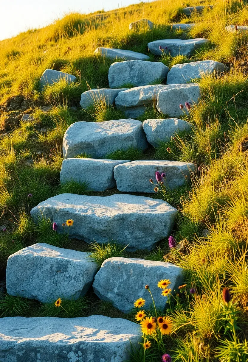 A natural boulder staircase built into a grassy hillside slope with large flat-topped rocks forming each step and native wildflowers growing alongside