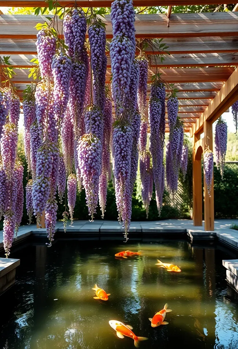 Koi pond located beneath a wooden pergola with climbing wisteria providing dappled shade over the water