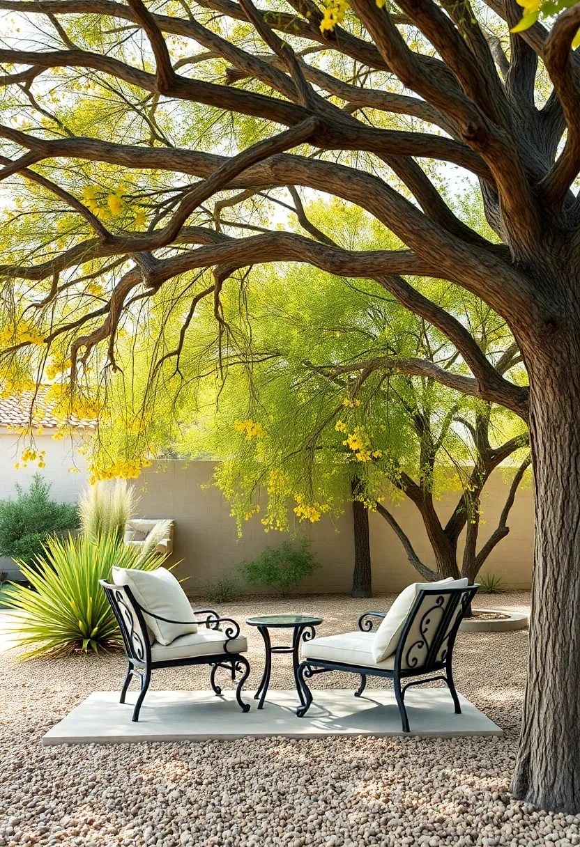 Arizona backyard with mesquite and palo verde trees forming a natural canopy over a seating area with desert plantings underneath