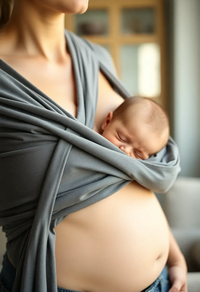 parent wearing a stretchy baby carrier wrap with a sleeping newborn boy in grey fabric