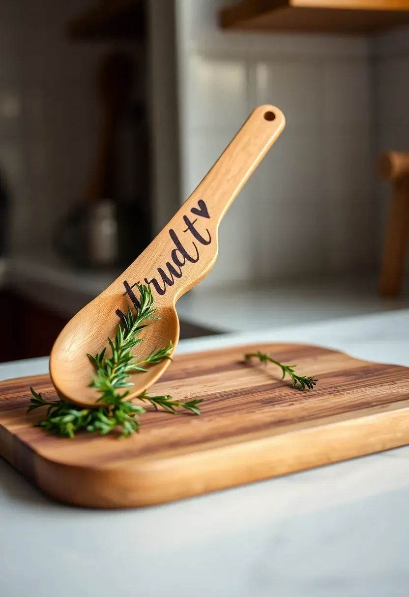hand-lettered wooden spoon with calligraphy reading stir with love resting on a cutting board with fresh herbs