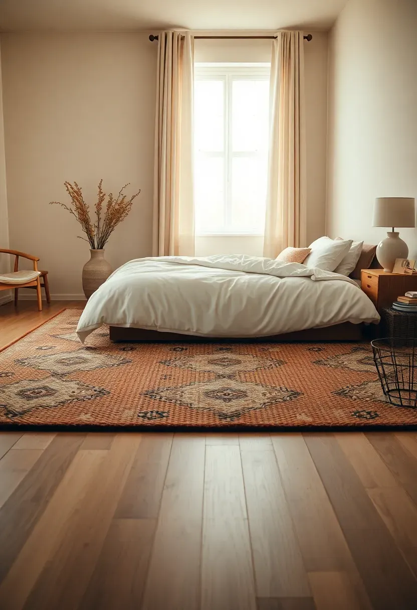 Oversized area rug that anchors the bed