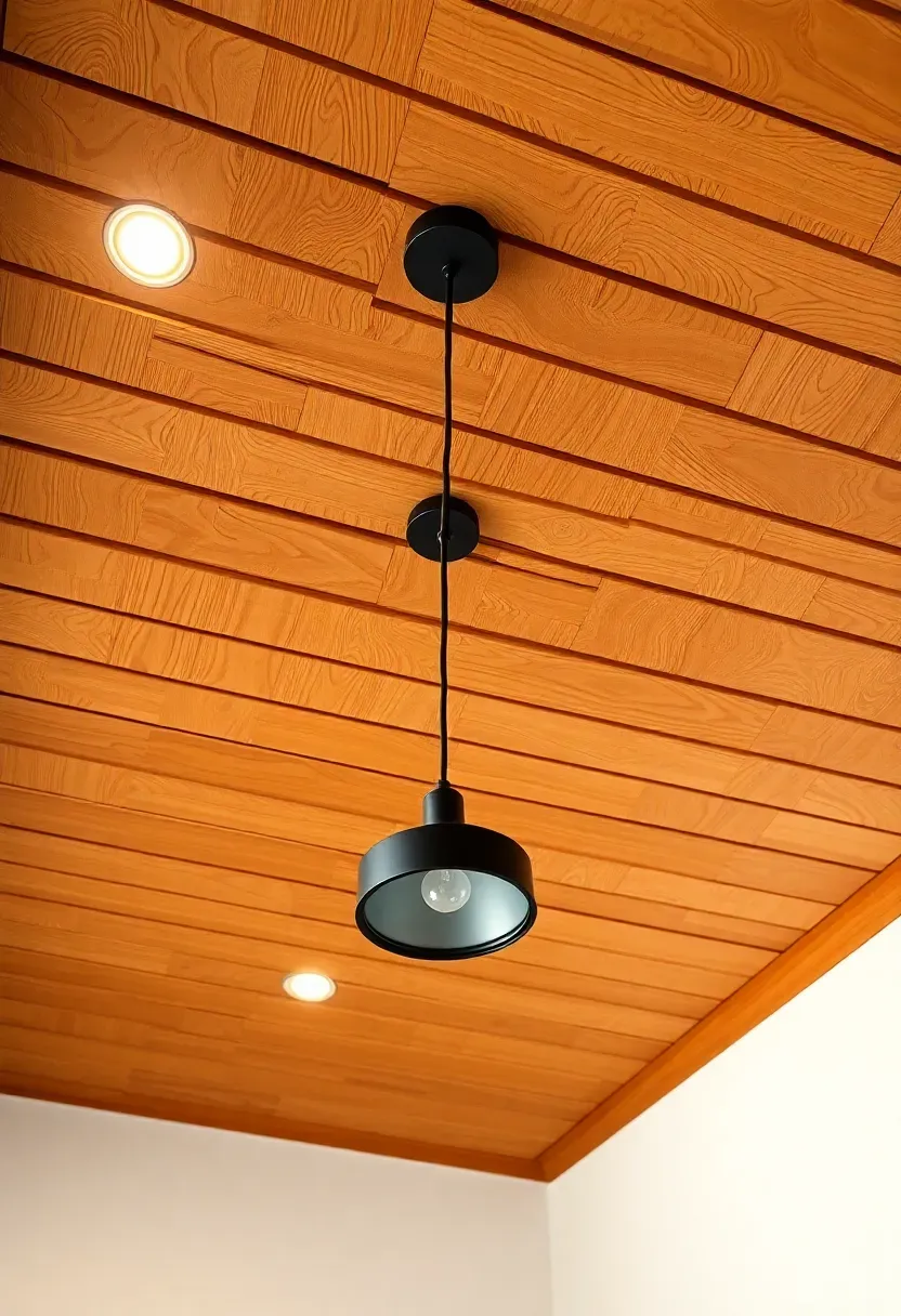 bathroom with dramatic ceiling treatment using warm wood slats