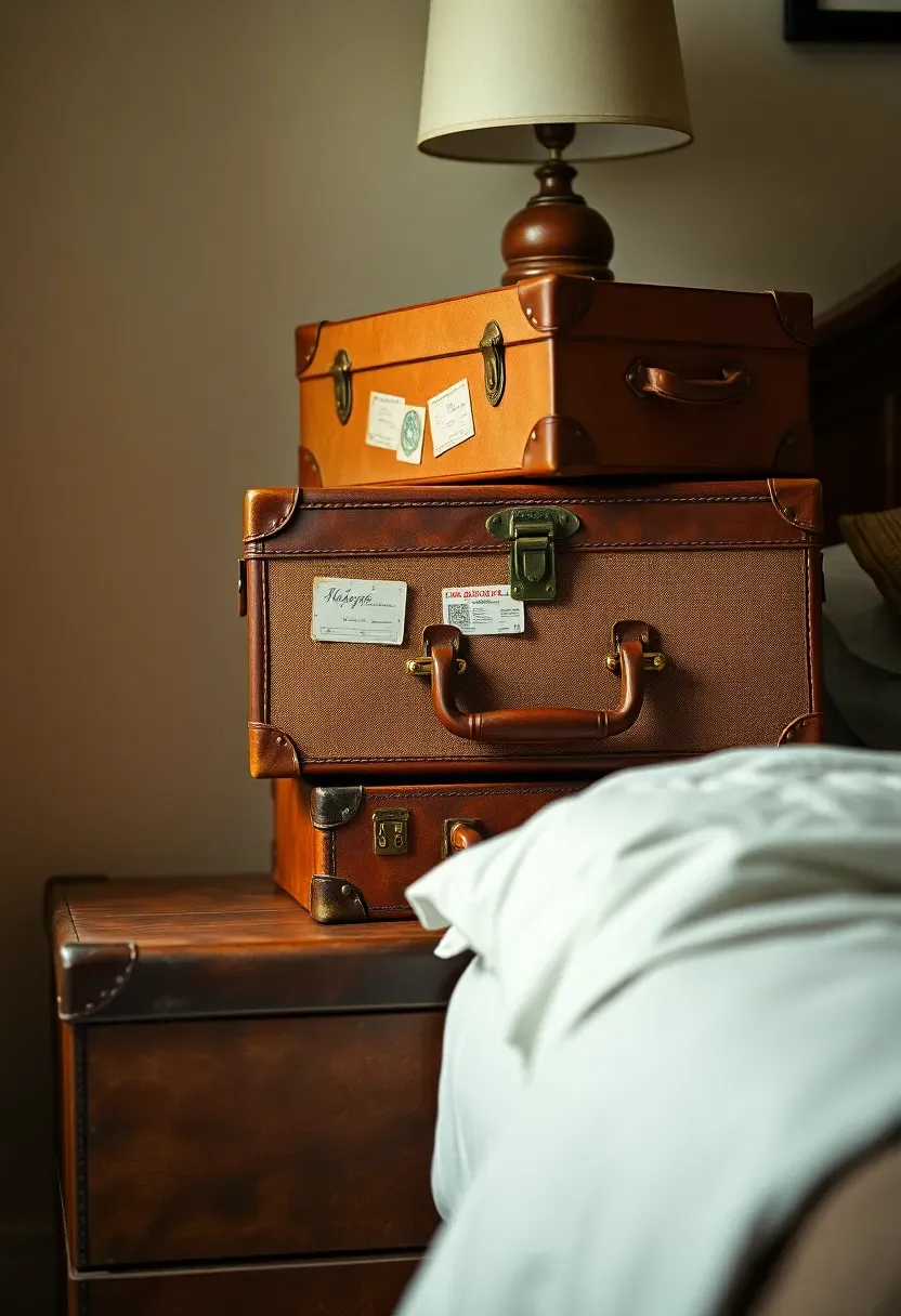 Stacked vintage suitcases used as nightstand with aged leather patina