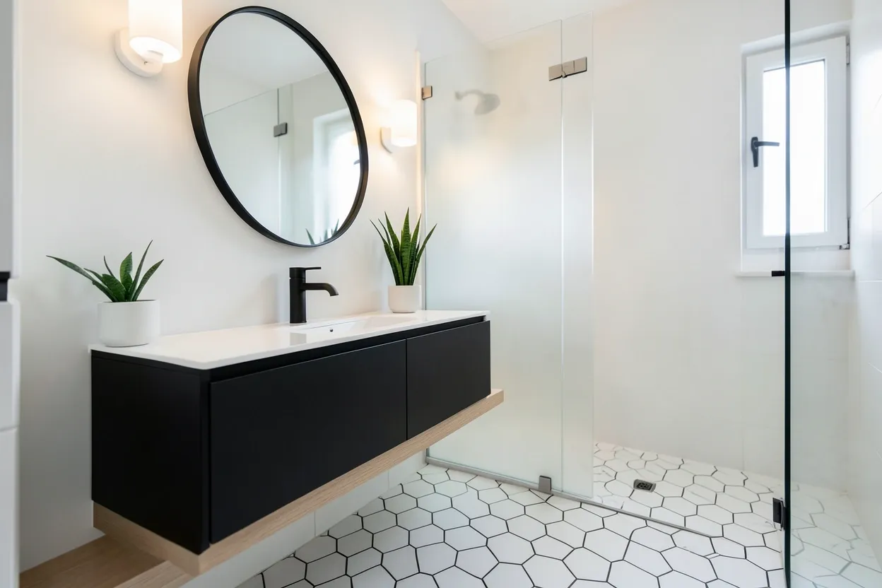 Modern black and white bathroom with marble floor, white subway tiles, and matte black fixtures — timeless monochrome design
