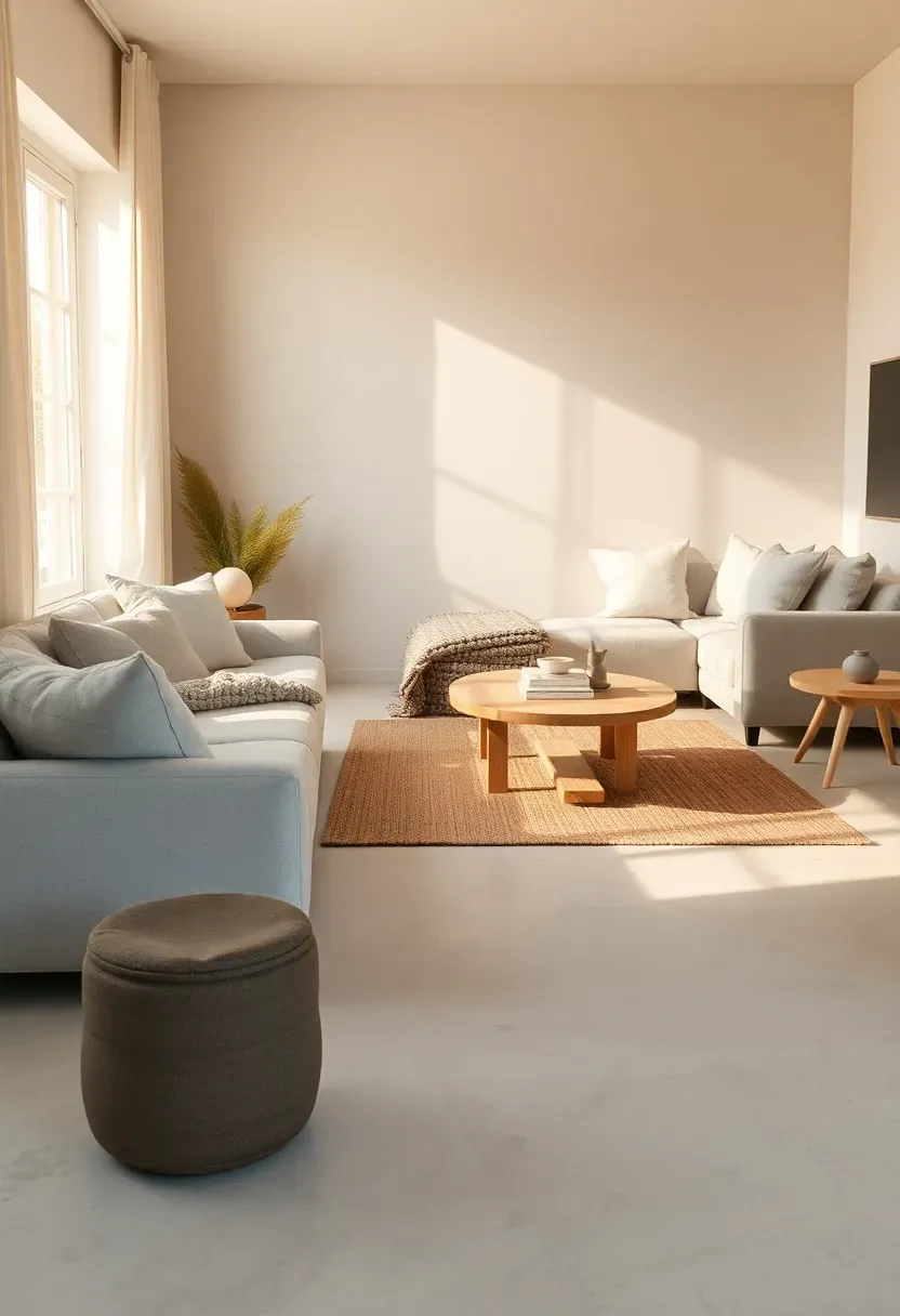 Microcement floor with jute rug island