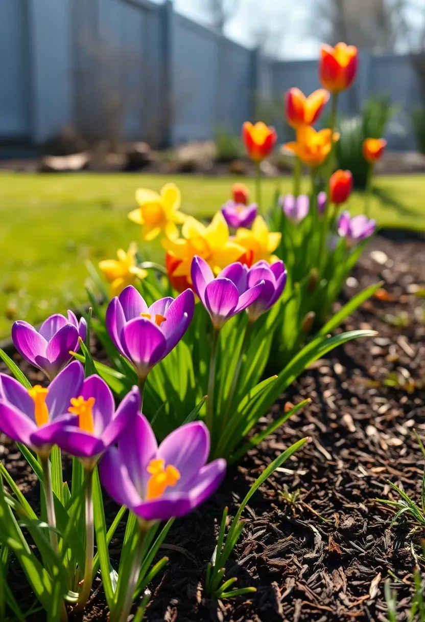 Layered spring bulb planting showing crocuses, daffodils, and tulips blooming in sequence in a sunny backyard border