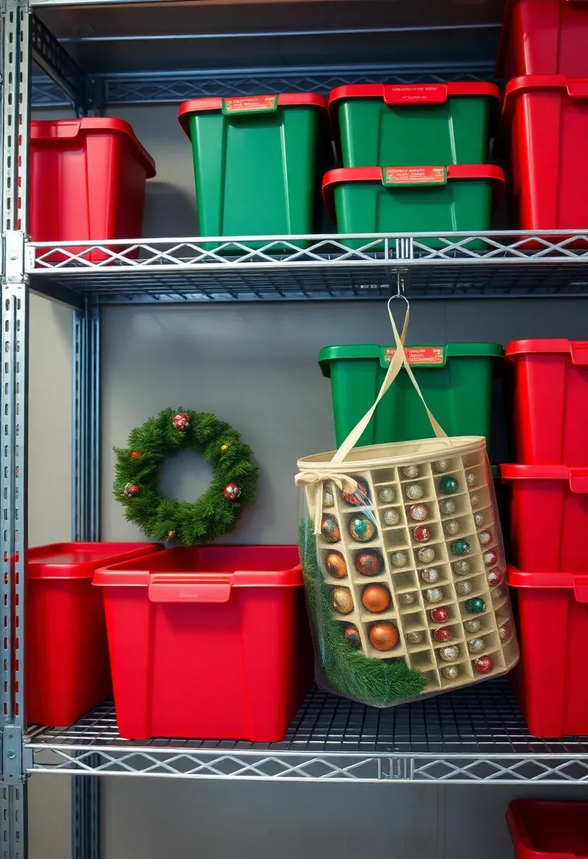 Neatly stacked holiday decoration bins with red and green labels on basement shelving next to a wreath storage bag