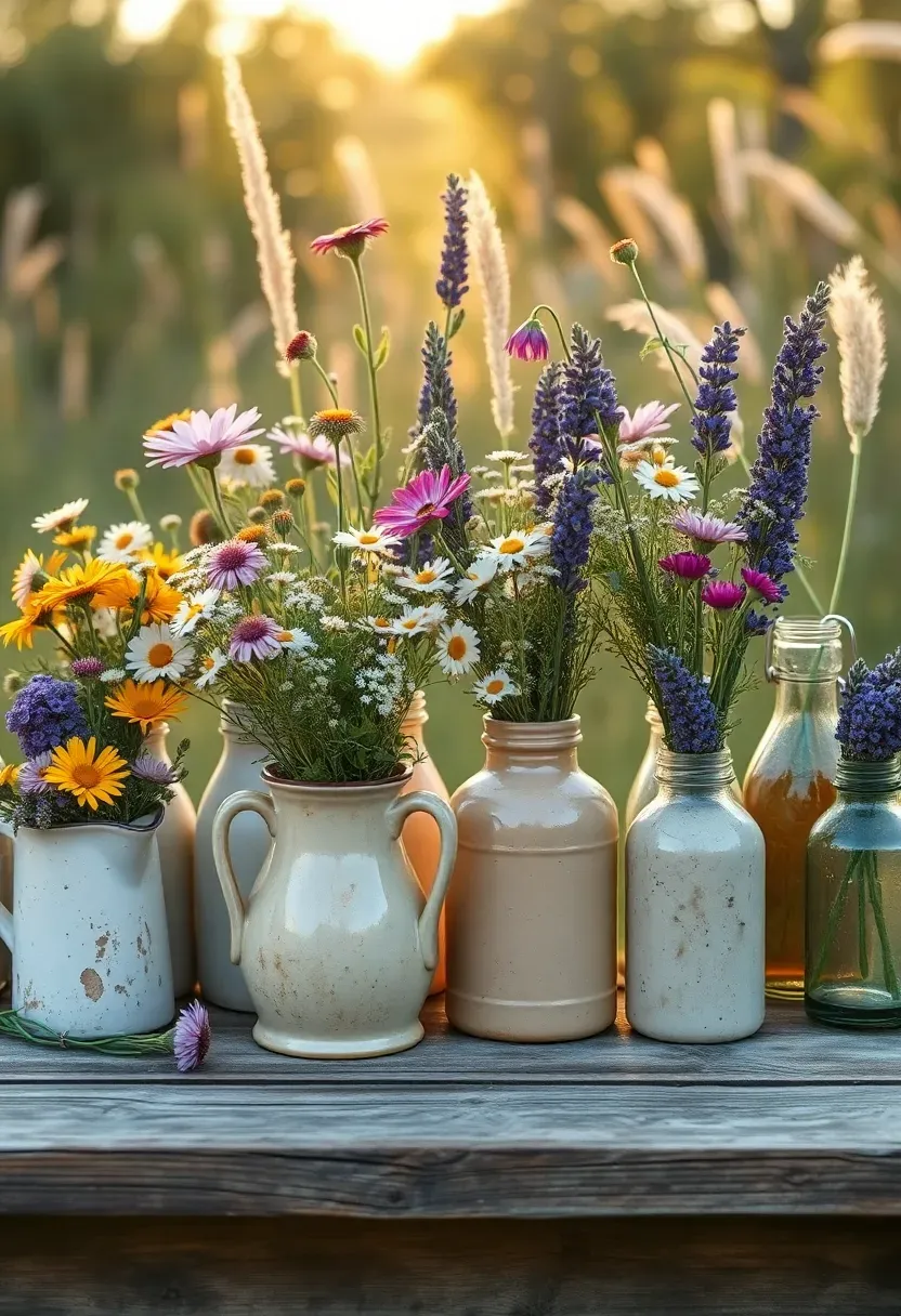 Wildflower meadow style flower bar with cosmos, cornflowers, chamomile, and grasses in enamel pitchers at a garden party