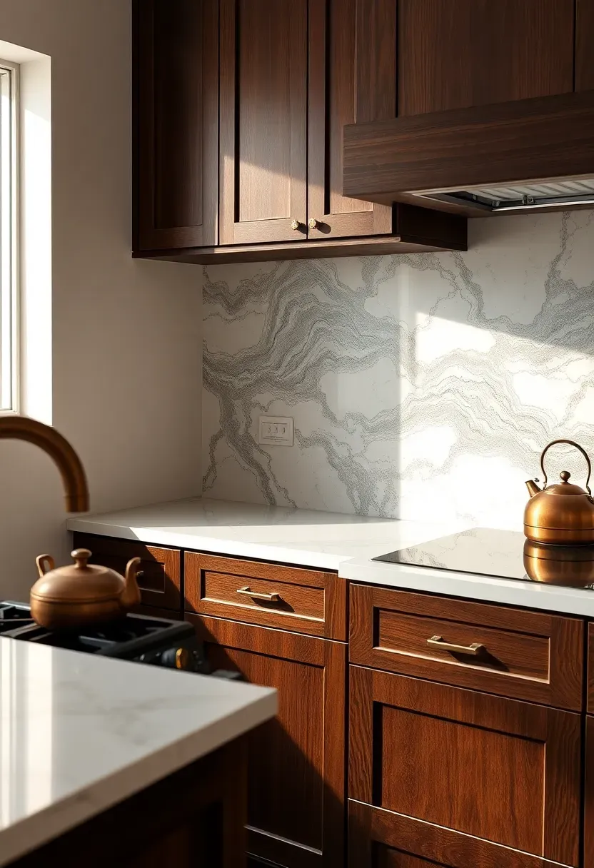 natural quartzite slab backsplash with dramatic veining in a kitchen featuring dark brown wood cabinets and white quartzite countertops