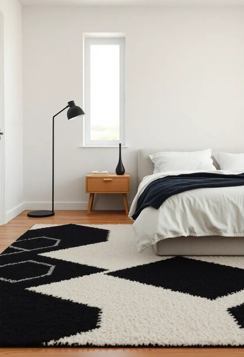 Graphic black-and-white rug to zone the sleep area