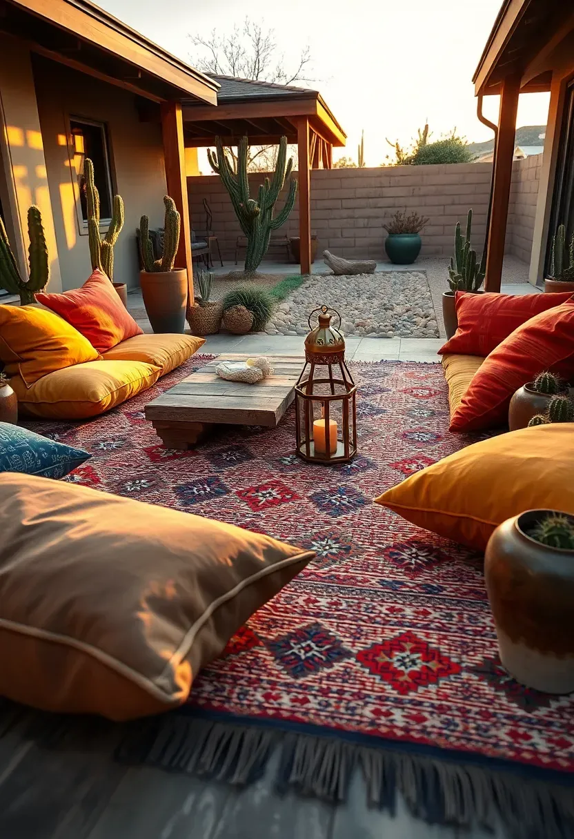 Colorful outdoor rug and floor cushions arranged in a boho lounge area on an Arizona backyard patio with lanterns, potted cacti, and a low wooden table