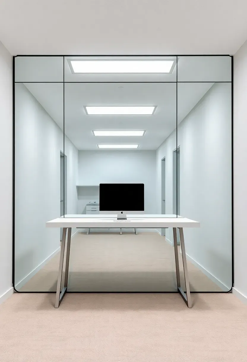 Basement office with a large mirror wall behind a slim desk, doubling the apparent room depth and reflecting overhead light