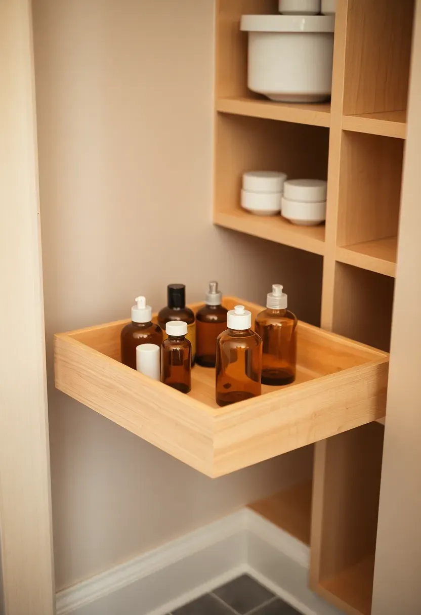 Shallow bathroom closet with pull-out wooden trays on glides holding organized toiletries and products