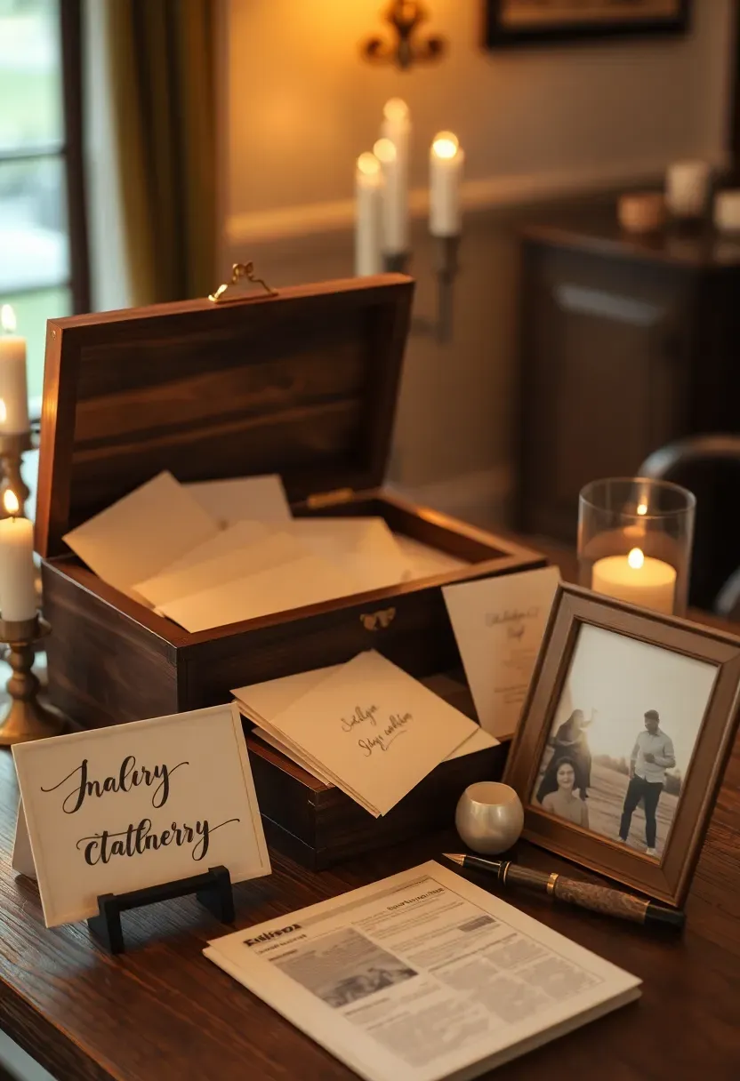 time capsule station at baby shower with decorated box letters envelopes and keepsake items