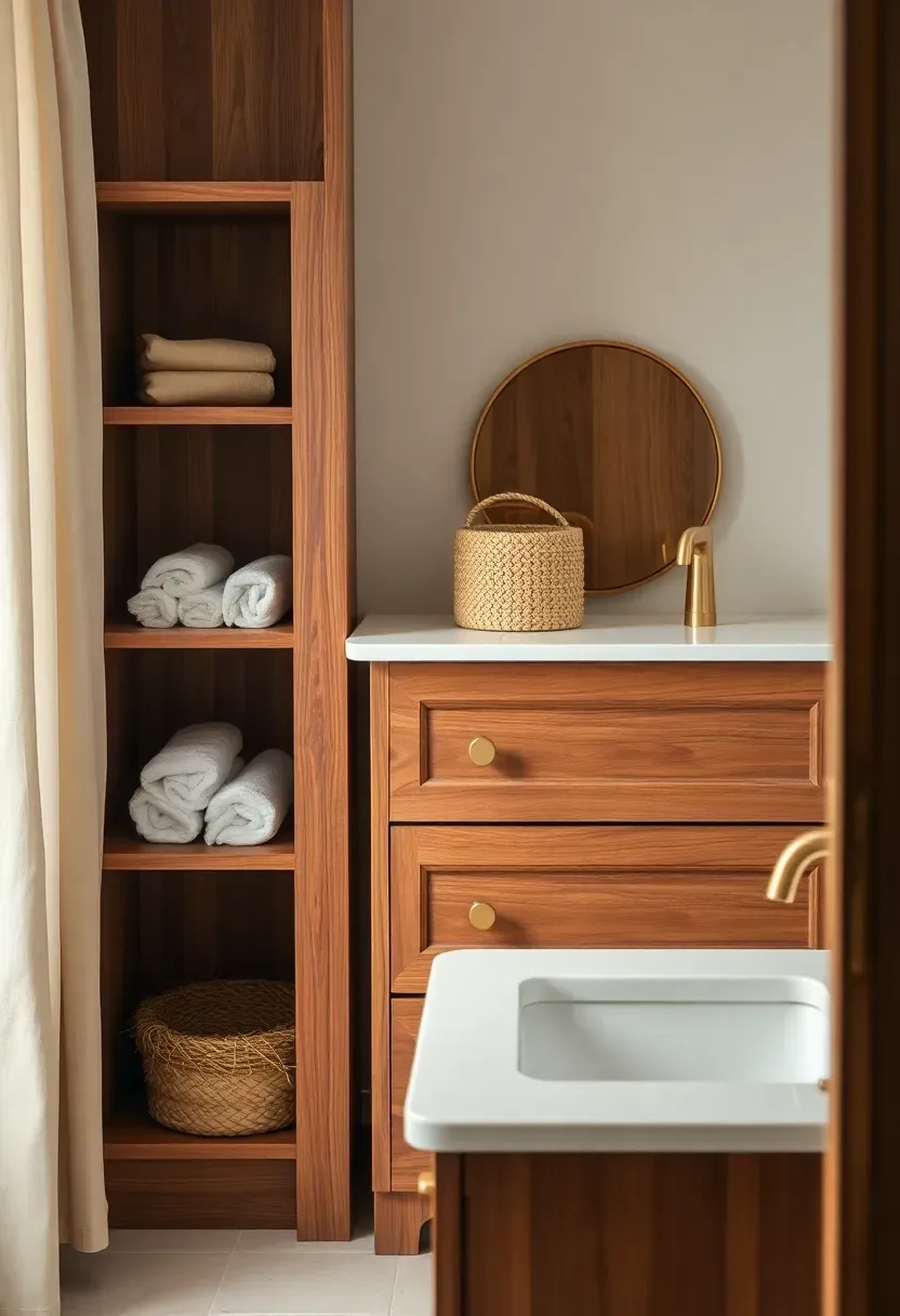 Bathroom vanity with open shelving on the left side and closed drawers on the right side in warm walnut wood