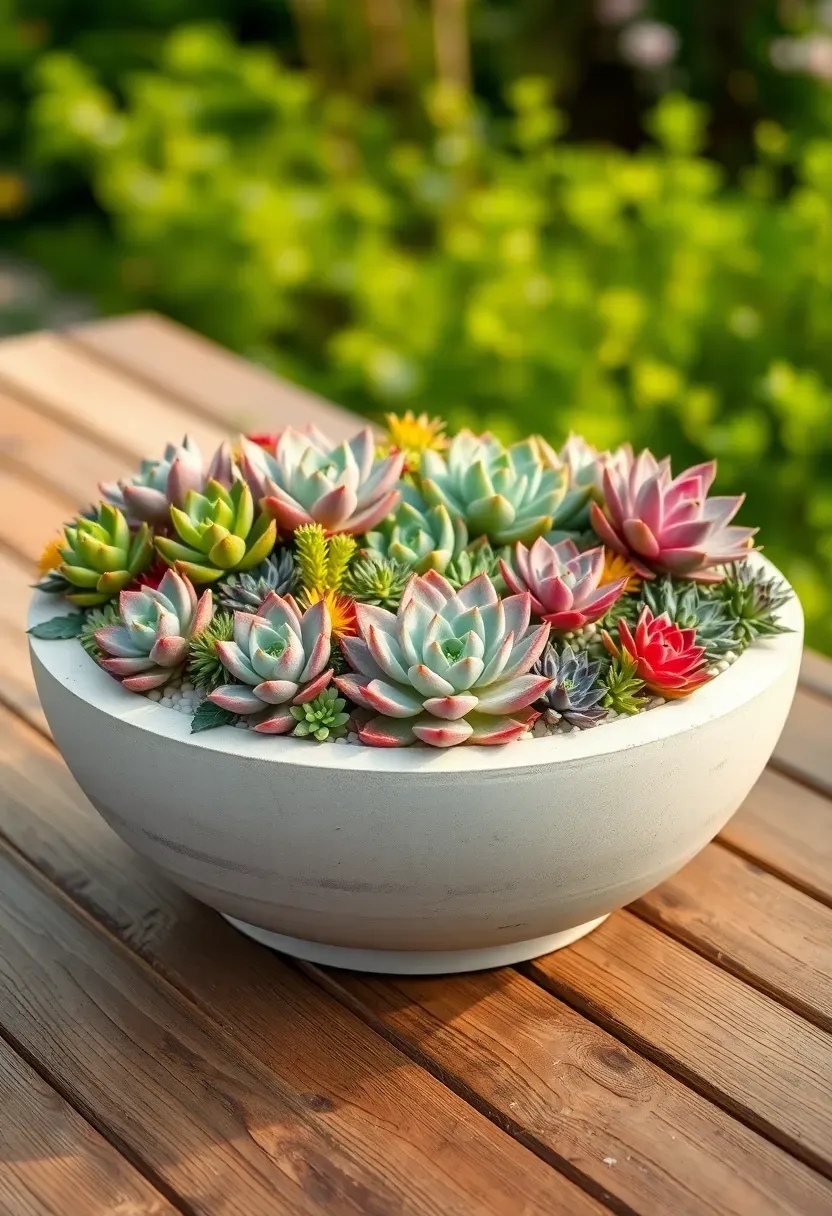 Wide shallow concrete bowl planter filled with a colorful arrangement of succulents including echeveria and sedum on a garden table