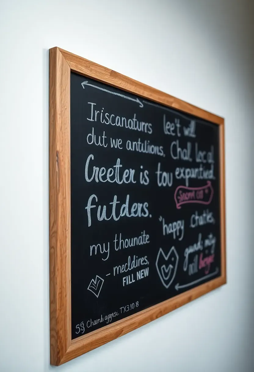 Deep teal chalkboard paint section on a teen bedroom wall framed with wood trim showing hand-drawn art and weekly schedule