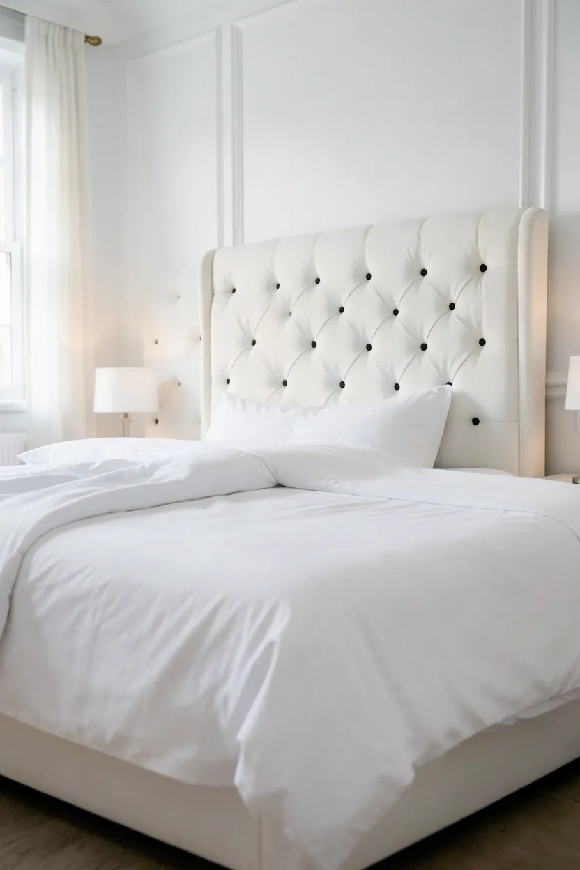Black and white tufted upholstered headboard in linen fabric serving as a luxurious focal point in a monochrome bedroom