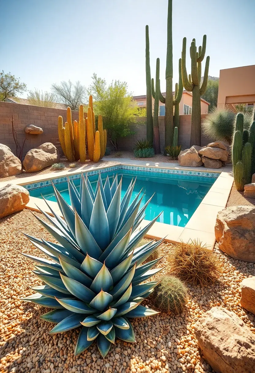 Desert-style pool garden with agave, prickly pear cactus, golden barrel cactus, and decomposed granite ground cover around a turquoise pool