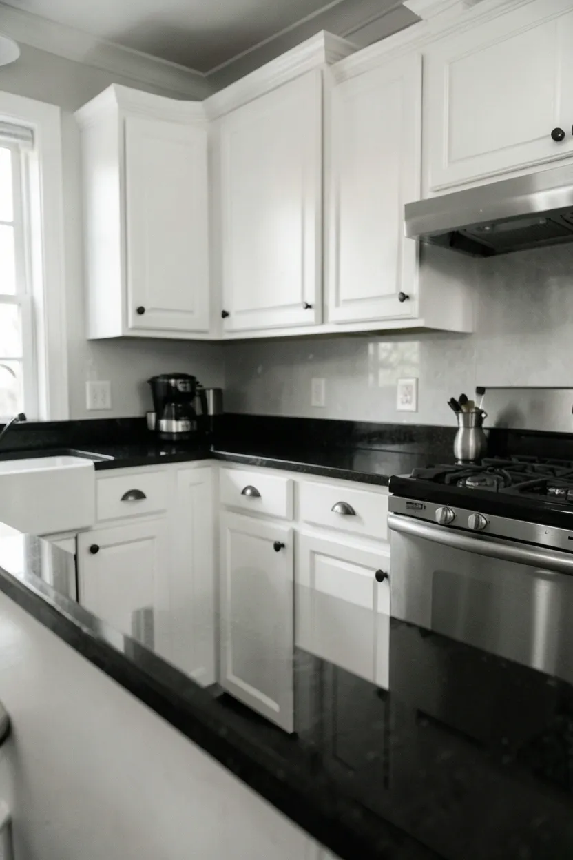 Modern kitchen with matte black flat-panel cabinets, white quartz countertops and under-cabinet lighting for high contrast monochrome style