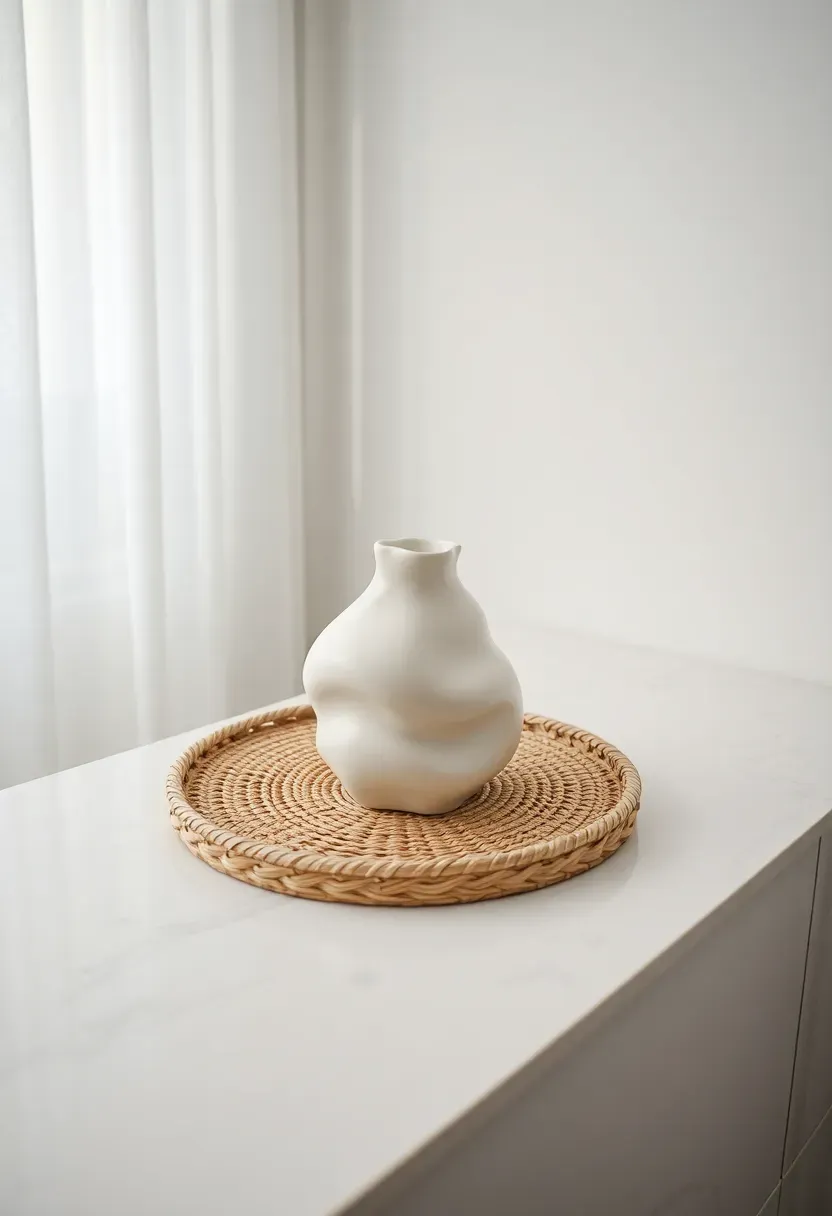 Minimalist woven tray with single sculptural ceramic vase on a clean white marble surface