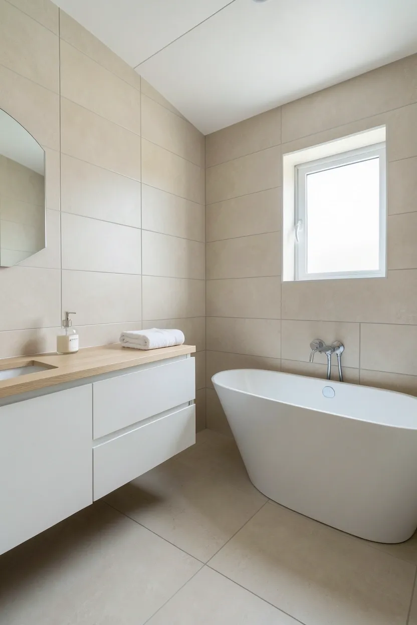 Hyper-realistic eye-level photograph of neutral tile palette in zen bathroom. Walls feature large format light beige ceramic tiles with minimal grout lines creating seamless appearance. Floor in matching beige porcelain tiles with subtle variation. Floating white vanity with light oak wood top. White freestanding tub in corner. Small frosted window. Minimal accessories: glass soap dispenser, folded white towel. Soft natural daylight. Materials: beige ceramic, white fixtures, oak wood. Calm neutral mood. Balanced composition. No text, no logos, no watermarks.</p>