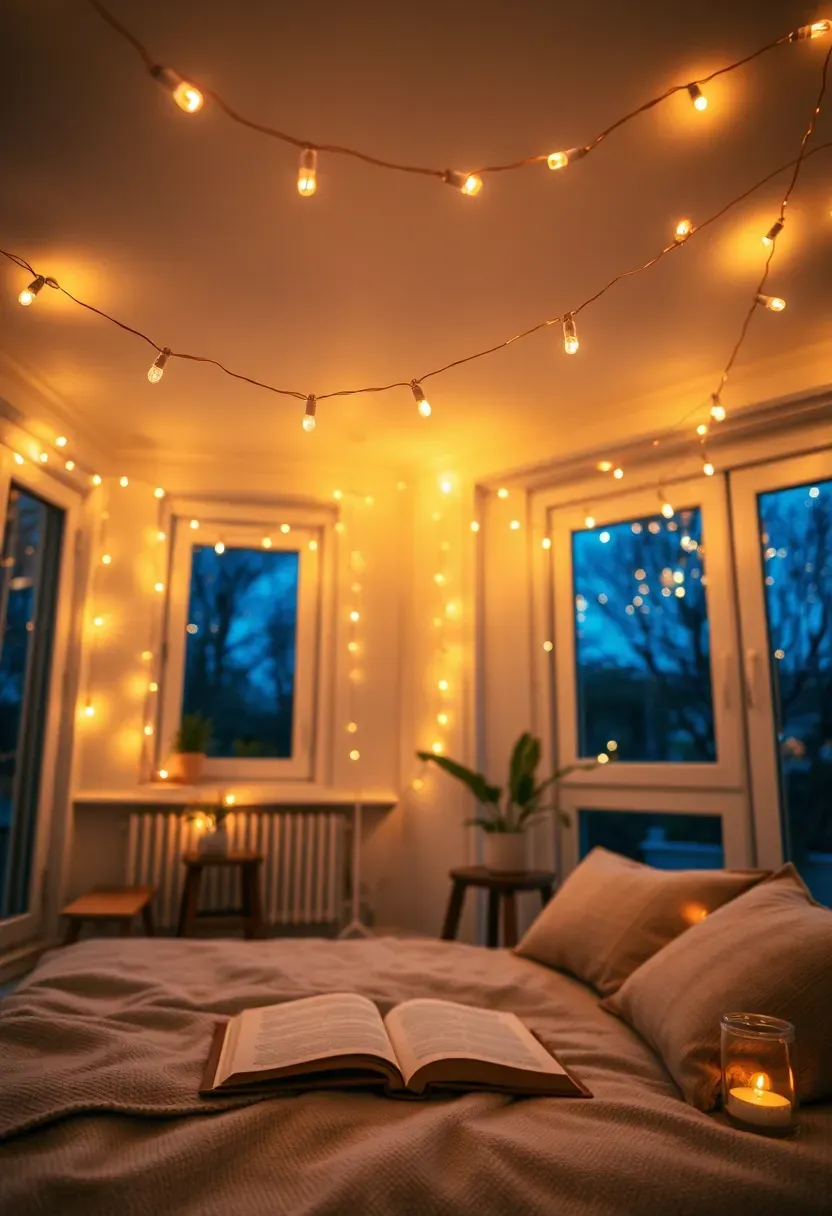 Warm white string lights draped in a gentle swag pattern across the ceiling of an apartment sunroom at twilight, attached to small clear adhesive hooks, creating a soft ambient glow over a floor cushion reading area