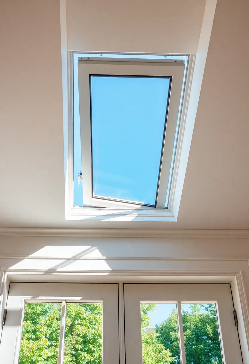Transom windows above French doors in enclosed sunroom open for summer ventilation, architectural detail with clean white frames