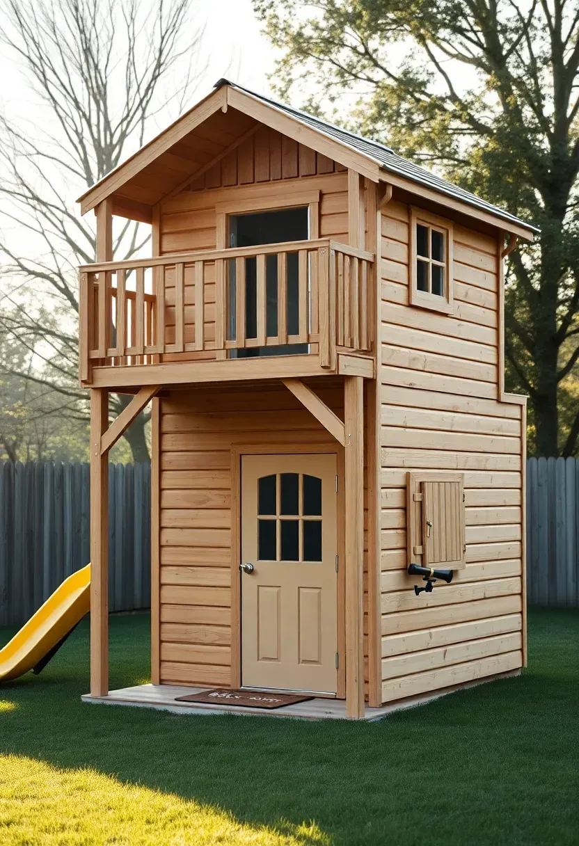 Two-story wooden playhouse with upper deck, railing, slide exit, and lower enclosed room with small door and window