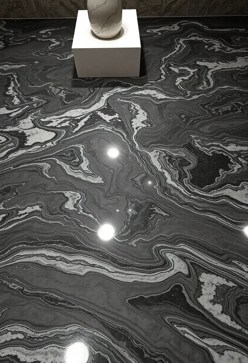 Concrete floor with dye marbling effect showing swirling veins of charcoal and white resembling natural marble in a finished basement