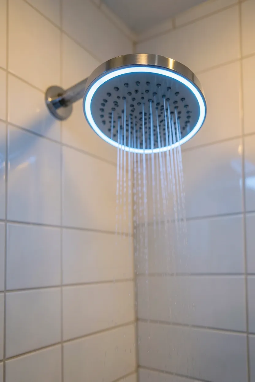 Modern smart showerhead with LED temperature display installed in an apartment bathroom — no tools required