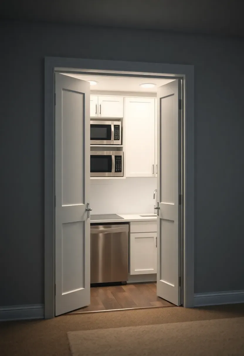 Kitchenette concealed behind sliding pocket doors in a finished basement, with the doors partially open showing a clean white interior with appliances