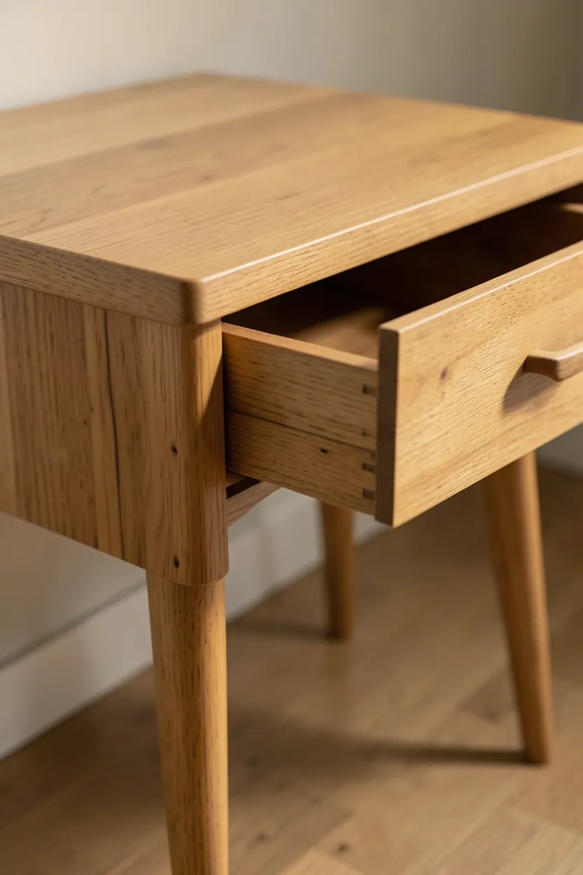 Light oak mid-century side table with drawer beside a sofa in a cozy Scandinavian living room with warm neutrals